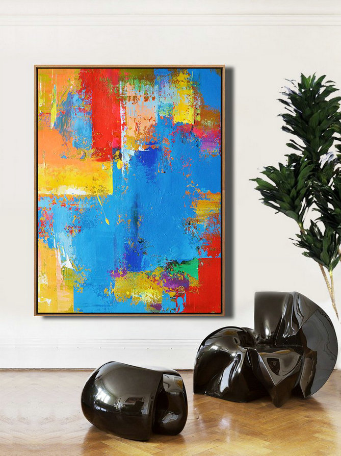 Large Abstract Art,Vertical Palette Knife Contemporary Art,Hand Painted Abstract Art,Blue,Red,Yellow.Etc